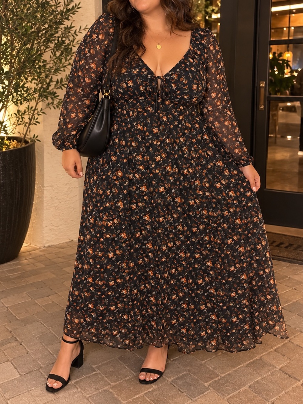 Plus Size Black Floral Maxi Dress with Long Sleeves